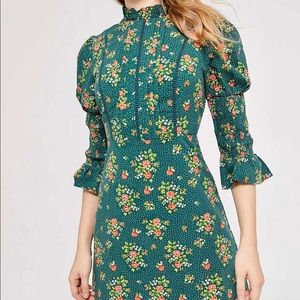 Laura Ashley x Urban Outfitters Green Maisy Mock Neck Ruffle Floral Dress